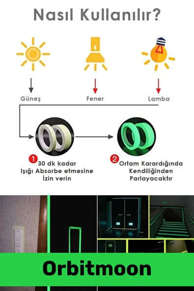 Premium Kendinden Yapışkanlı Fosforlu Karanlıkta Işık Veren Yeşil Şerit 4 Metre Reflektör Bant - Resim 2