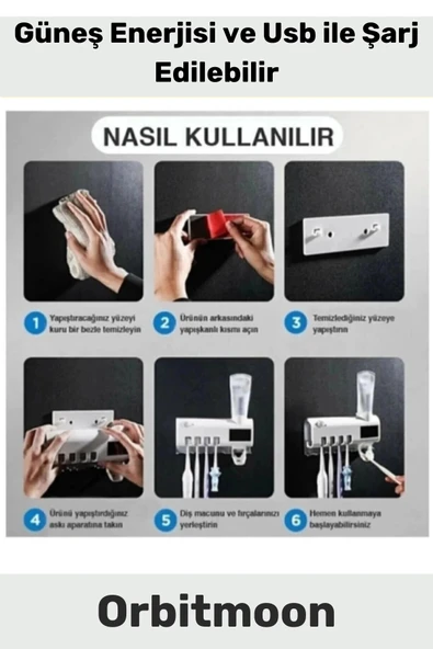 Yeni Seri Güneş Enerjili Usb Şarjlı Diş Macun Sıkacağı Sterilizatörlü 4 Adet Diş Fırçalığı Tutucu - 2