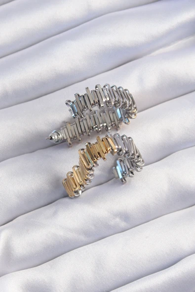 Pirinç Gold Gümüş Renkli Tırtıklı Kalp Küpe - Resim 2