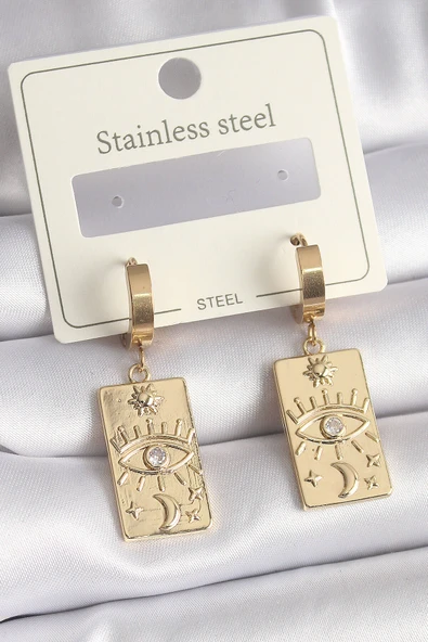 316L Çelik Gold Renk Zirkon Taşlı Göz İşleme Detay Plaka Model Kadın Küpe ürün görseli 1