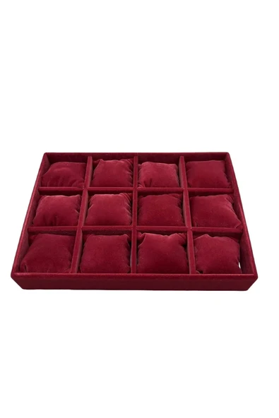 Süet Kumaş Bordo Renk 34/24 Cm 12 Yastıklı Çekmece Içi Takı Kutusu - Resim 2