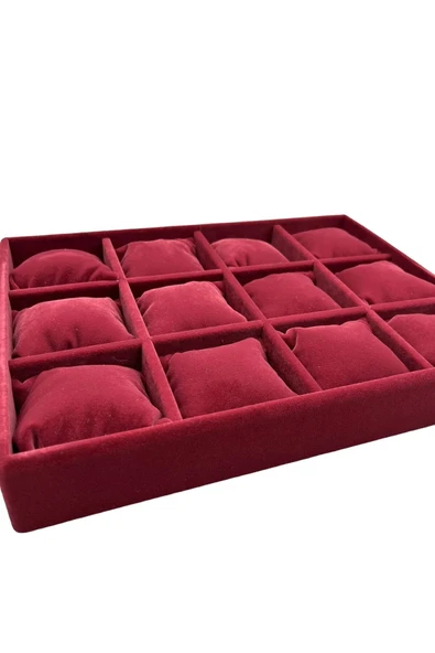 Süet Kumaş Bordo Renk 34/24 Cm 12 Yastıklı Çekmece Içi Takı Kutusu - Resim 3