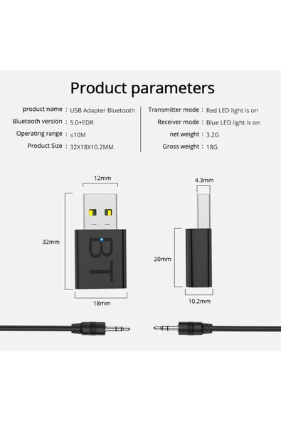 Araç içi Bluetooth Kiti USB 3.5mm Jack Bluetooth Receiver Aux Kablo Wireless Araç Kiti Kablosuz Kit - Resim 5