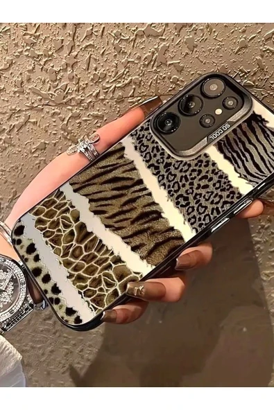 Samsung Galaxy S23 Ultra Uyumlu Kılıf Leopar Desenli Kahverengi Çizgili Metalik Tuşlu Kamera Çıkıntı - 4