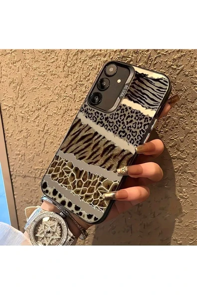 Samsung Galaxy S24 Plus/s25 Plus Uyumlu Kılıf Leopar Desenli Kahverengi Çizgili Metalik Tuşlu Kapak - 3