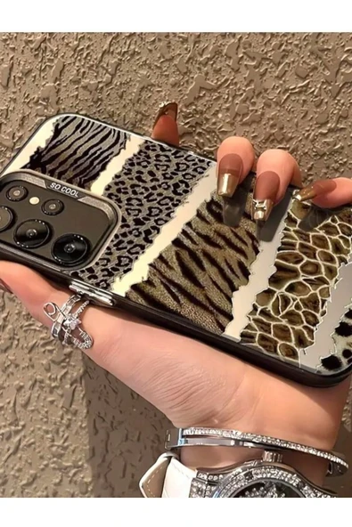 Samsung Galaxy S23 Ultra Uyumlu Kılıf Leopar Desenli Kahverengi Çizgili Metalik Tuşlu Kamera Çıkıntı - 3