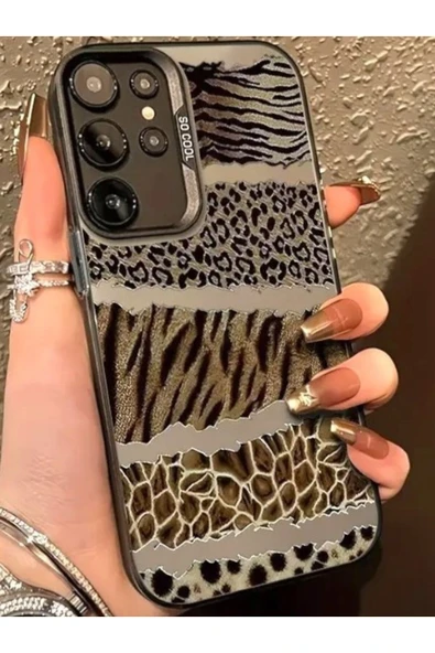 Samsung Galaxy S23 Ultra Uyumlu Kılıf Leopar Desenli Kahverengi Çizgili Metalik Tuşlu Kamera Çıkıntı