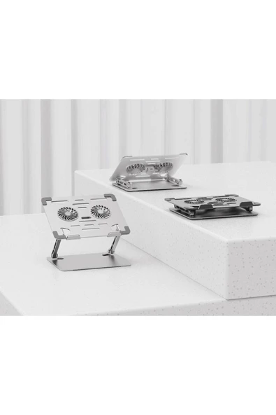 Laptop/Notebook/Macbook Uyumlu Soğutucu Fanlı Katlanabilir Yükseklik Ayarlı Metal Masa Üstü Standı - Resim 5