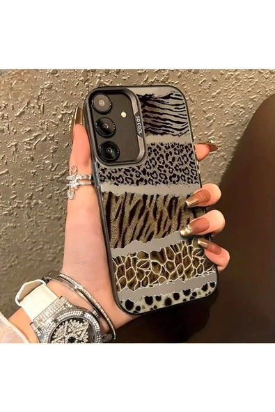 Samsung Galaxy S24 Plus/s25 Plus Uyumlu Kılıf Leopar Desenli Kahverengi Çizgili Metalik Tuşlu Kapak - 2