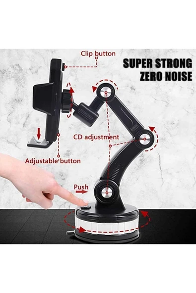 Araç içi Telefon Tutucu Ayarlanabilir Uzayabilen 360 Dönebilen Vantuzlu Cam ve Torpido için Uygun - 8