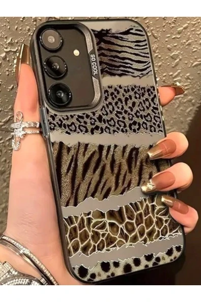 Samsung Galaxy S24 Plus/s25 Plus Uyumlu Kılıf Leopar Desenli Kahverengi Çizgili Metalik Tuşlu Kapak