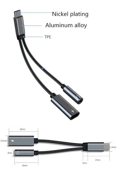 Samsung Xiaomi Uyumlu Type-C Jack Kulaklık Çevirici Dönüştürücü Örgü Kablo Bluetooth Gerektirmez - 5