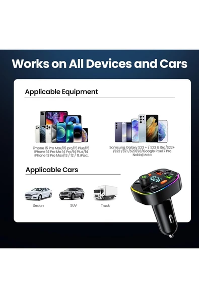 Bluetooth Araç Kiti Araç RGB LED Fm Transmitter USB Type-C MP3 Flash Bellek PD Çakmaklık Girişli - Resim 6