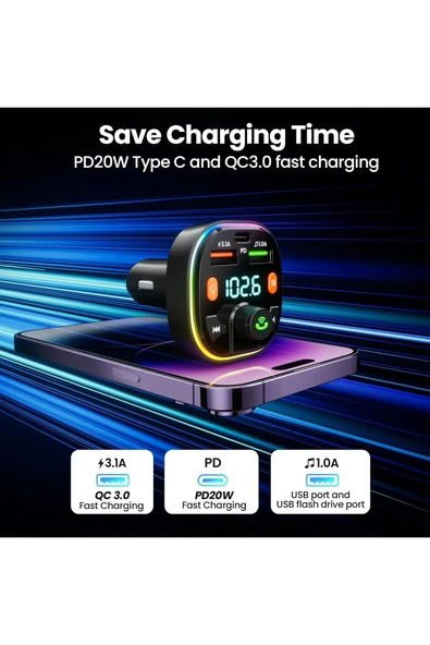Bluetooth Araç Kiti Araç RGB LED Fm Transmitter USB Type-C MP3 Flash Bellek PD Çakmaklık Girişli - Resim 3