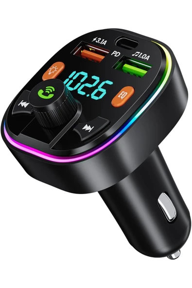 Bluetooth Araç Kiti Araç RGB LED Fm Transmitter USB Type-C MP3 Flash Bellek PD Çakmaklık Girişli ürün görseli 1