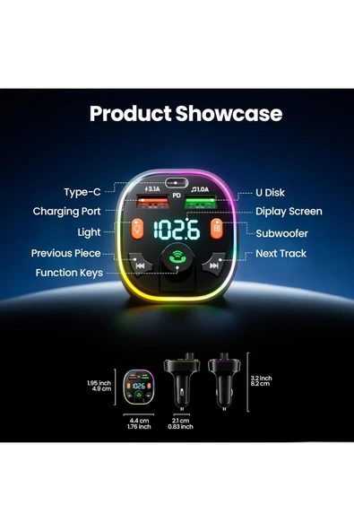 Bluetooth Araç Kiti Araç RGB LED Fm Transmitter USB Type-C MP3 Flash Bellek PD Çakmaklık Girişli - Resim 2