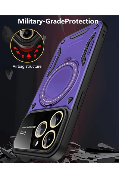 iPhone 15 Pro Uyumlu Kılıf Magsafe Standlı Kamera Lens Korumalı Darbelere Dayanklı Renkli Tank Kapak - 7