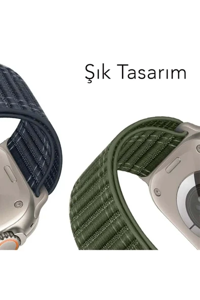 Apple Watch 44mm/45mm/46mm/49mm Uyumlu Kordon Bakla Bölmeli Dizayn Hasır Cırt Dokuma Kumaş Kordon - 3