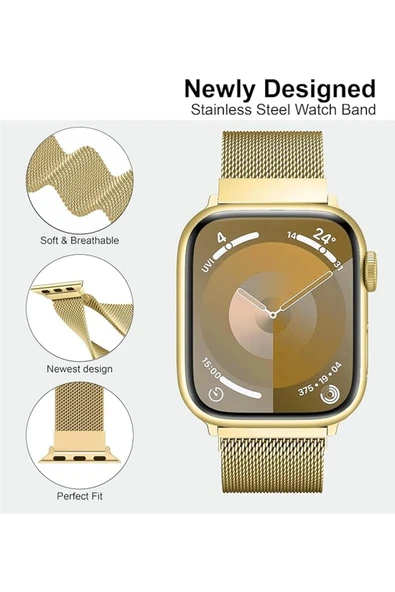 Apple Watch 9 8 7 6 5 4 3 2 Se 42mm/44mm/45mm/49mm Uyumlu Kordon Mıknatıslı Ayarlanabilir Metal - 3