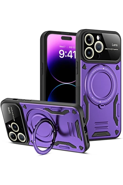 iPhone 15 Pro Uyumlu Kılıf Magsafe Standlı Kamera Lens Korumalı Darbelere Dayanklı Renkli Tank Kapak