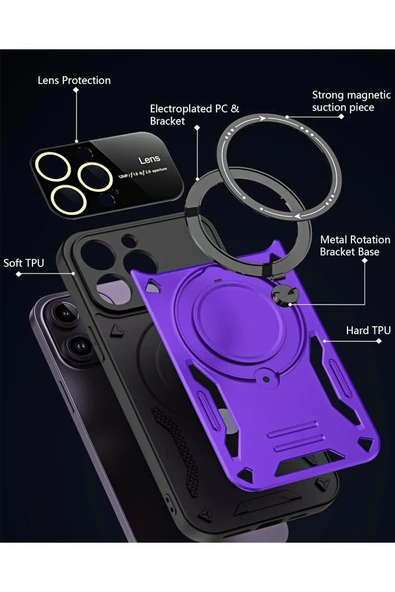 iPhone 15 Pro Uyumlu Kılıf Magsafe Standlı Kamera Lens Korumalı Darbelere Dayanklı Renkli Tank Kapak - 6