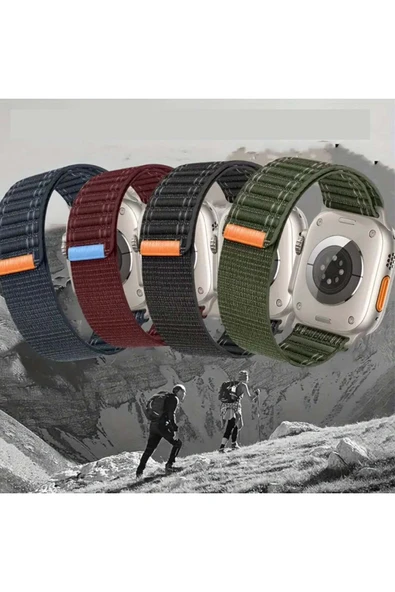 Apple Watch 44mm/45mm/46mm/49mm Uyumlu Kordon Bakla Bölmeli Dizayn Hasır Cırt Dokuma Kumaş Kordon - 6