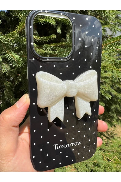 iPhone 14 Pro Max Uyumlu Kılıf Simli Parlak Fiyonk Desenli Silikon Kamera Çevresi Koruyucu Kapak