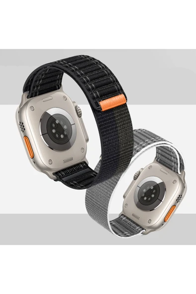 Apple Watch 44mm/45mm/46mm/49mm Uyumlu Kordon Bakla Bölmeli Dizayn Hasır Cırt Dokuma Kumaş Kordon - 7