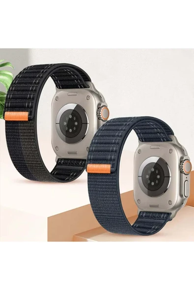 Apple Watch 44mm/45mm/46mm/49mm Uyumlu Kordon Bakla Bölmeli Dizayn Hasır Cırt Dokuma Kumaş Kordon - 4