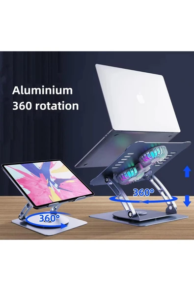 Macbook/Laptop/Notebook Soğutucu Fan Stand RGB LED Işıklı Ayarlanabilir/Katlanabilir 360 Dönebilen - Resim 3