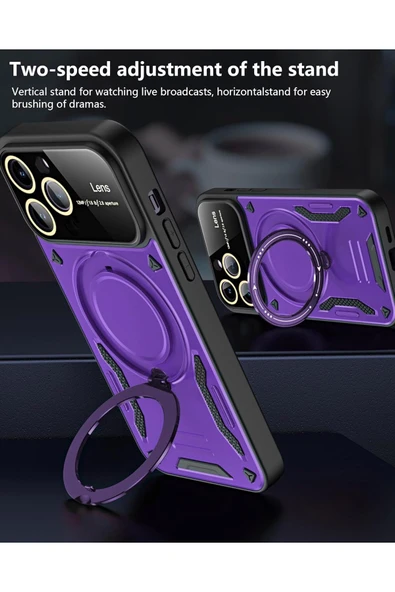 iPhone 15 Pro Uyumlu Kılıf Magsafe Standlı Kamera Lens Korumalı Darbelere Dayanklı Renkli Tank Kapak - 3