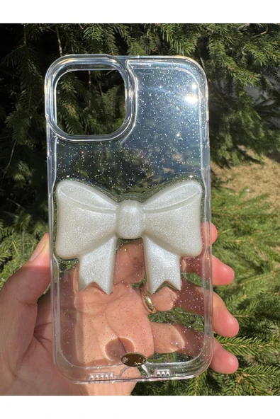 iPhone 11 Uyumlu Kılıf Simli Parlak Fiyonk Desenli Silikon Kamera Çevresi Koruyucu Kapak