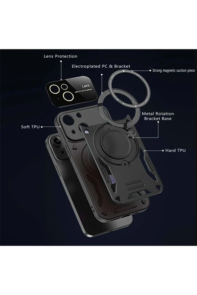 iPhone 15 Plus Uyumlu Kılıf Magsafe Standlı Kamera Lens Korumalı Dayanıklı Renkli Tank Kapakk - 4