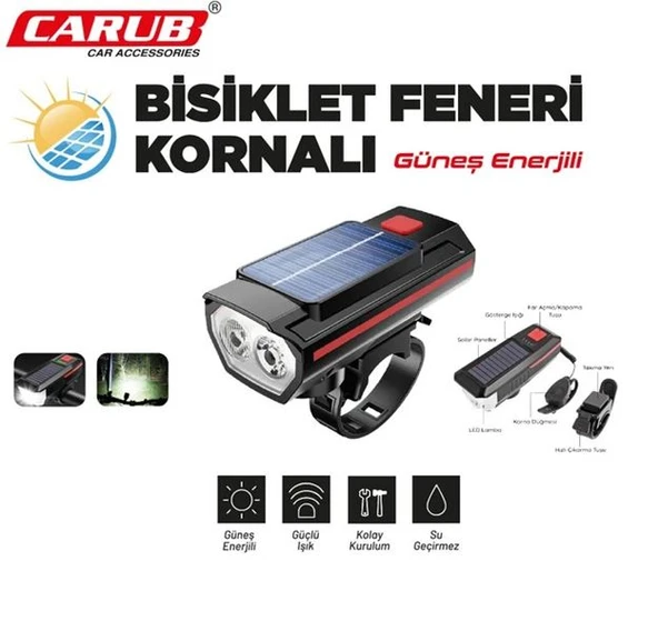 Carub Güneş Enerjili Kornalı Bisiklet Feneri – LED Işıldak ürün görseli
