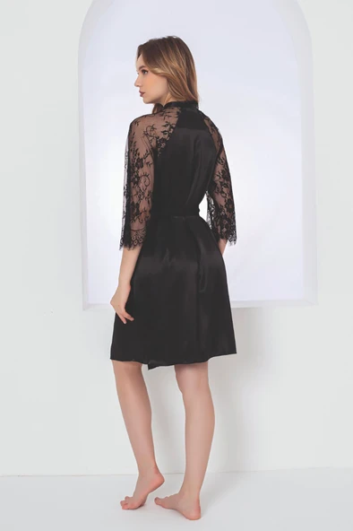 Siyah Gardenia Lacy Saten Tek Sabahlık - Resim 4