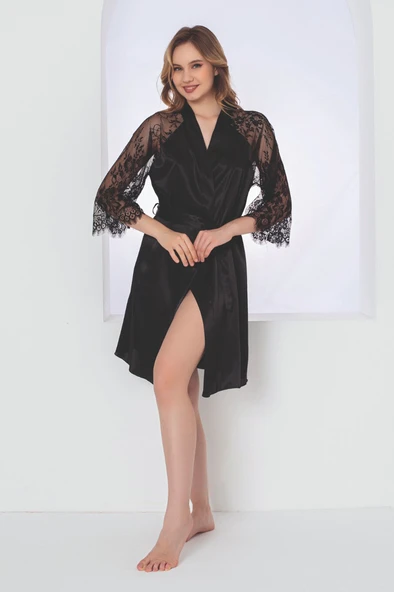 Siyah Gardenia Lacy Saten Tek Sabahlık - Resim 3