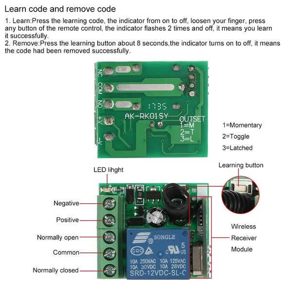 433MHz RF Uzaktan Kumanda Seti - 10A Röle Alıcı + 2 Adet Verici Kumanda - Resim 6