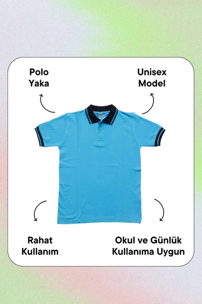 Lacivert Yakalı Turkuaz Kısa Kol Düz Renk 6-17 Yaş Çocuk Okul Lakos Tişört Polo Yaka T-shirt - 4