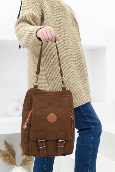 Kapaklı Fermuarlı Kadın Sırt Çantası Taba - Resim 2