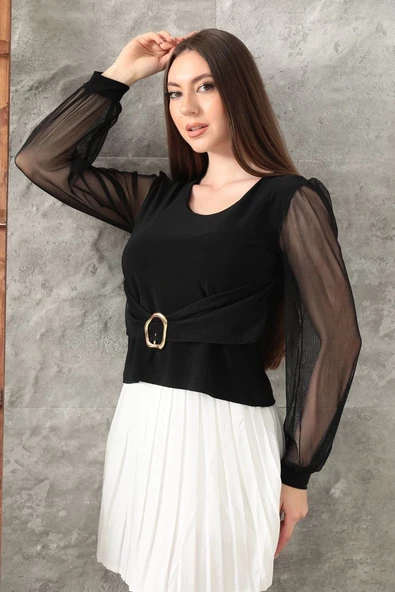 Tokalı tül kollu bluz siyah t4071 - Resim 2
