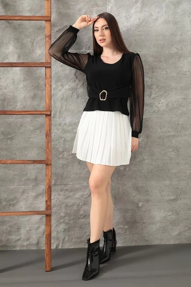 Tokalı tül kollu bluz siyah t4071 - Resim 5