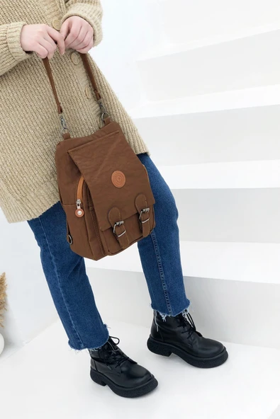 Kapaklı Fermuarlı Kadın Sırt Çantası Taba - Resim 3