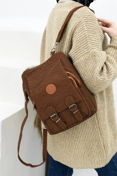 Kapaklı Fermuarlı Kadın Sırt Çantası Taba ürün görseli 1