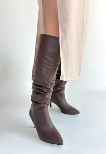 Pabucmarketi Kahverengi Kadın Topuklu Çizme - 2