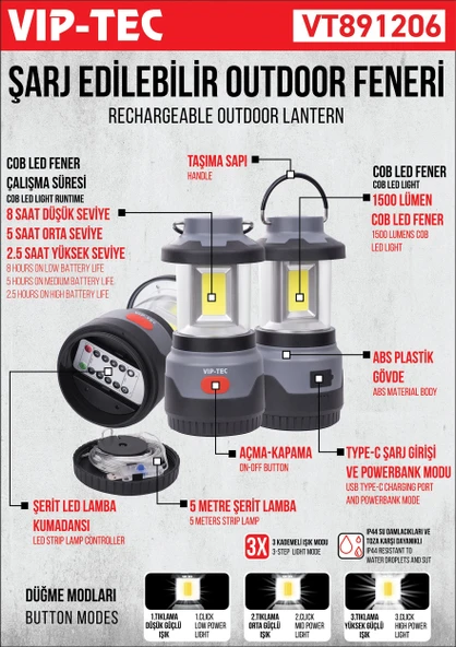 VIPTEC Kumandalı Şarjlı Outdoor Kamp Feneri (VT891206) - Resim 3