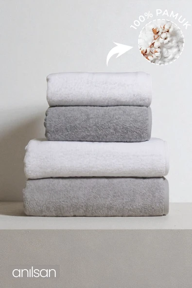 4'lü Gri-Beyaz Havlu Set %100 Pamuk - 2 Adet El Havlusu 50x90 ve 2 Adet Banyo Havlusu 70x140