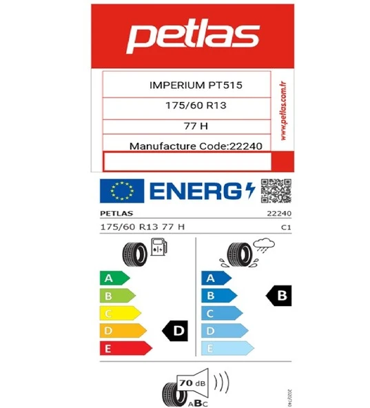 Petlas 175/60 R13 TL 77H IMPERIUM PT515 Oto Yaz Lastiği (Üretim Tarihi:2025) - Resim 2