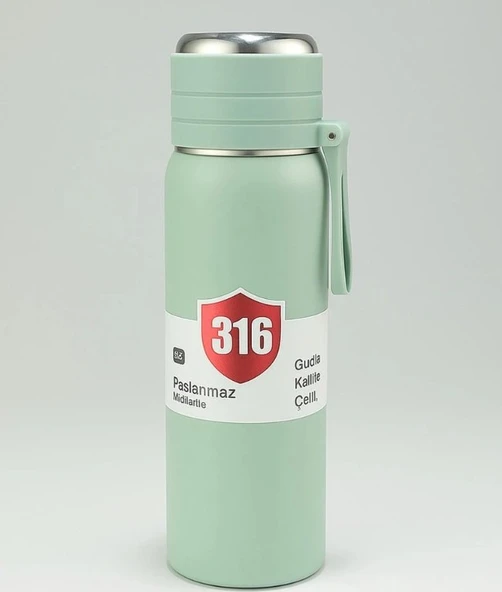 Paslanmaz Çelik Matara Termos Su Şişesi 500 ML Vakumlu Kapak - Yeşil ürün görseli