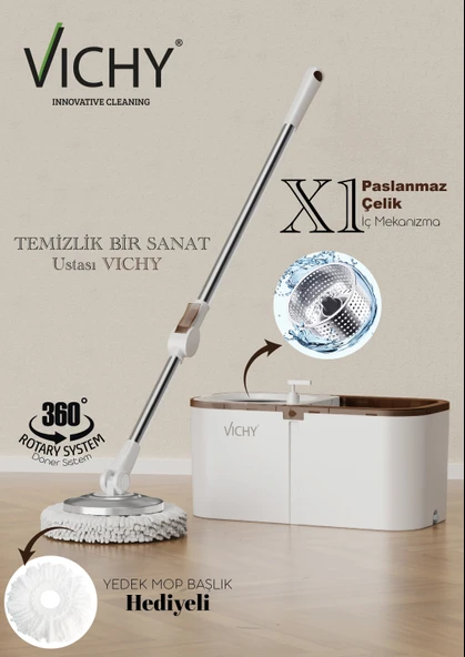 VICHY 360° Döner Mop Temizlik Seti | Kolay Sıkma Kova, Mikrofiber Mop (Yedek Mop Hediyeli)  VCH-6674 X1 ürün görseli