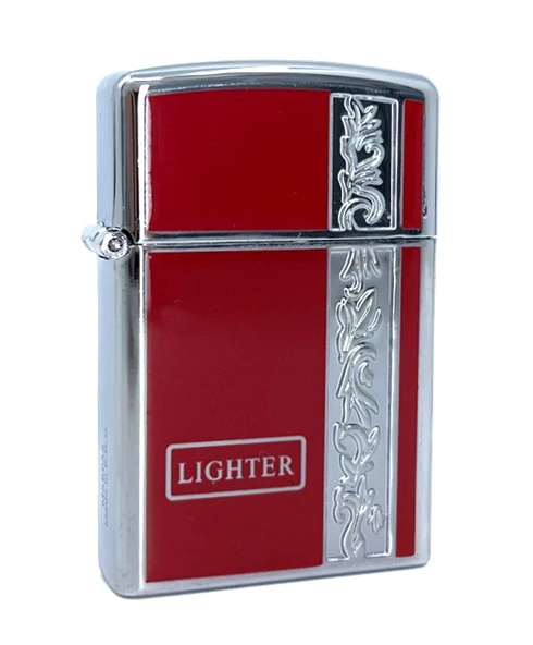 Metal Jet Alev Çakmak  Gravür Şeritli  Parlak Krom - Kırmızı - Resim 3